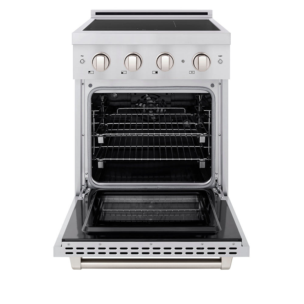 ZLINE 24 in. 3.2 cu. ft. Paramount Induction Range with 3 Element Cooktop and Electric Convection Oven in Stainless Steel (SINR24) front, oven open.