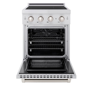 ZLINE 24 in. 3.2 cu. ft. Paramount Induction Range with 3 Element Cooktop and Electric Convection Oven in Stainless Steel (SINR24) front, oven open.