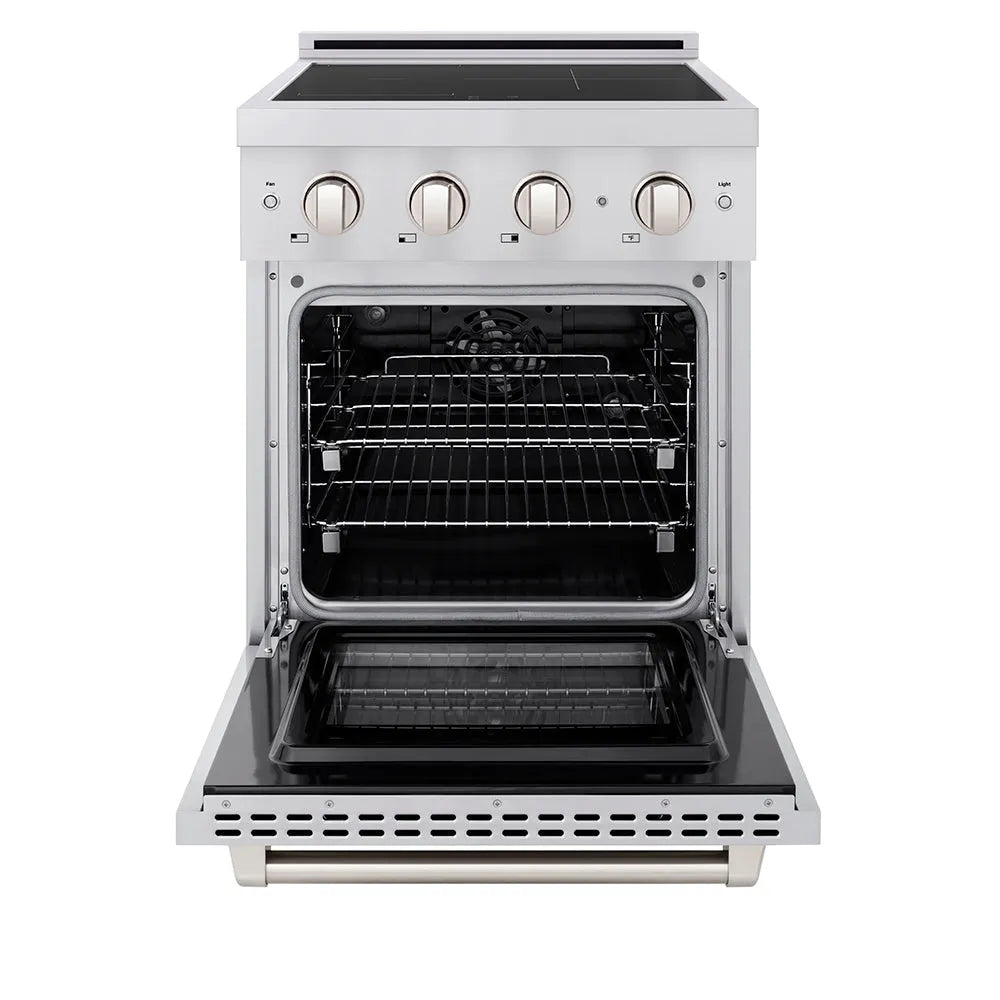 ZLINE 24 in. 3.2 cu. ft. Paramount Induction Range with 3 Element Cooktop and Electric Convection Oven in Stainless Steel (SINR24) front, oven open.