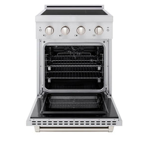ZLINE 24 in. 3.2 cu. ft. Paramount Induction Range with 3 Element Cooktop and Electric Convection Oven in Stainless Steel (SINR24) front, oven open.