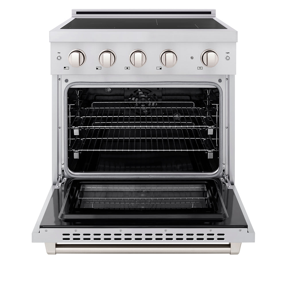 ZLINE 30 in. 4.2 cu. ft. Paramount Induction Range with 4 Element Cooktop and Electric Convection Oven in Stainless Steel (SINR30) front, oven open.