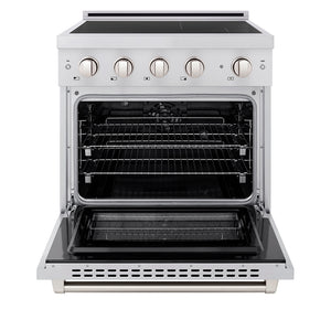 ZLINE 30 in. 4.2 cu. ft. Paramount Induction Range with 4 Element Cooktop and Electric Convection Oven in Stainless Steel (SINR30) front, oven open.