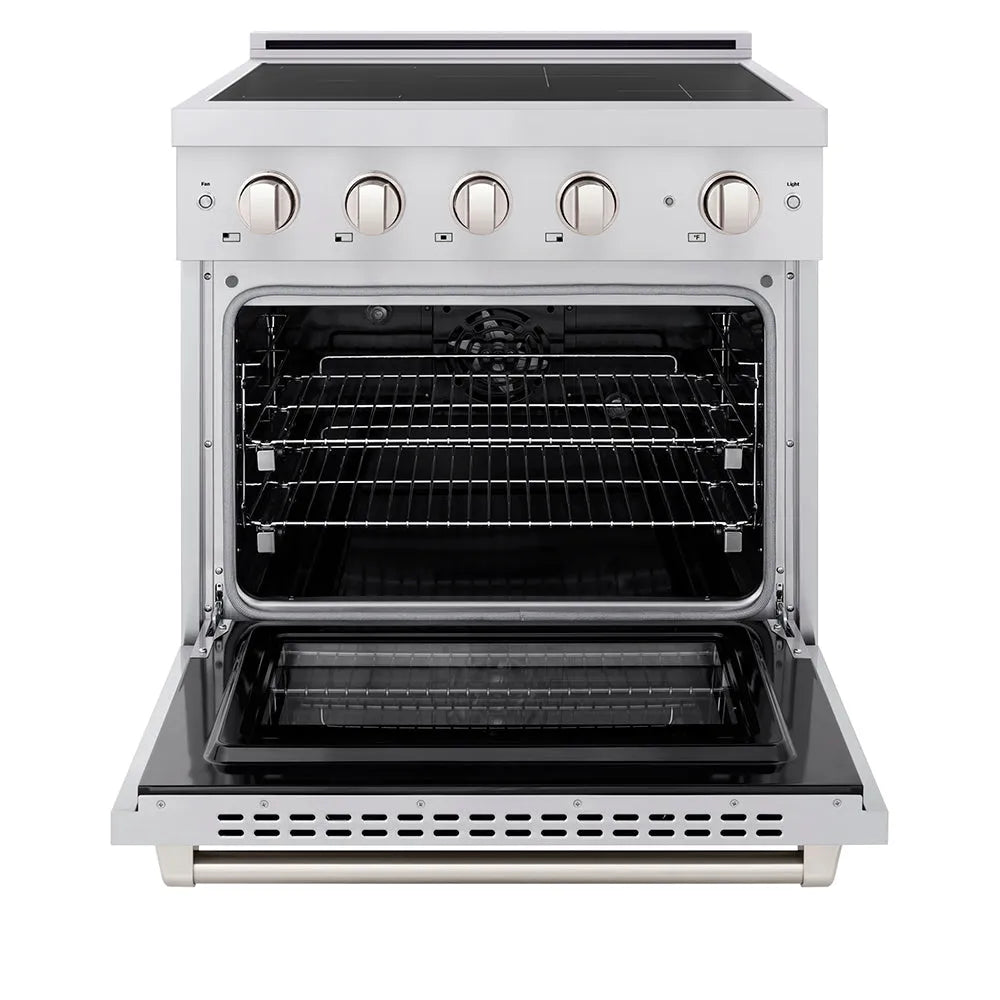 ZLINE 30 in. 4.2 cu. ft. Paramount Induction Range with 4 Element Cooktop and Electric Convection Oven in Stainless Steel (SINR30) front, oven open.