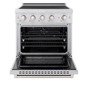 ZLINE 30 in. 4.2 cu. ft. Paramount Induction Range with 4 Element Cooktop and Electric Convection Oven in Stainless Steel (SINR30) front, oven open.