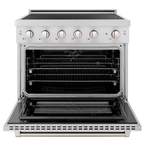 ZLINE 36 in. 5.2 cu. ft. Paramount Induction Range with 5 Element Cooktop and Electric Convection Oven in Stainless Steel (SINR36) front, oven open.