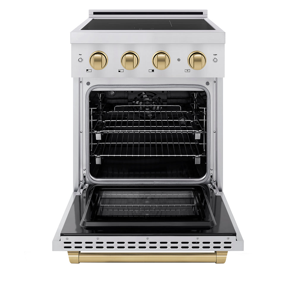 ZLINE Autograph Edition 24 in. 3.2 cu. ft. Paramount Induction Range with 3 Element Cooktop and Electric Convection Oven in Stainless Steel with Champagne Bronze Accents (SINRZ-24-CB) front, oven open.