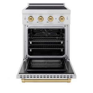 ZLINE Autograph Edition 24 in. 3.2 cu. ft. Paramount Induction Range with 3 Element Cooktop and Electric Convection Oven in Stainless Steel with Champagne Bronze Accents (SINRZ-24-CB) front, oven open.