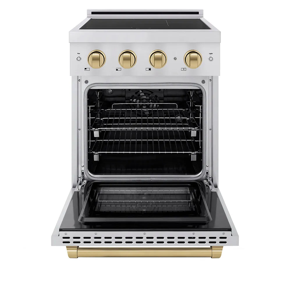ZLINE Autograph Edition 24 in. 3.2 cu. ft. Paramount Induction Range with 3 Element Cooktop and Electric Convection Oven in Stainless Steel with Champagne Bronze Accents (SINRZ-24-CB) front, oven open.