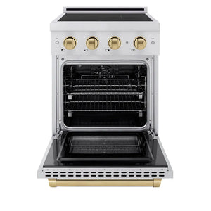 ZLINE Autograph Edition 24 in. 3.2 cu. ft. Paramount Induction Range with 3 Element Cooktop and Electric Convection Oven in Stainless Steel with Champagne Bronze Accents (SINRZ-24-CB) front, oven open.