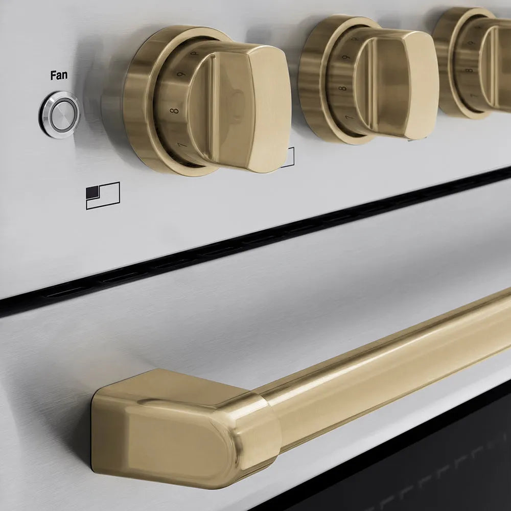 ZLINE Autograph Edition 24 in. 3.2 cu. ft. Paramount Induction Range with 3 Element Cooktop and Electric Convection Oven in Stainless Steel with Champagne Bronze Accents (SINRZ-24-CB) close-up, cooktop and oven knobs.