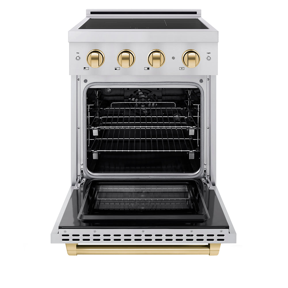 ZLINE Autograph Edition 24 in. 3.2 cu. ft. Paramount Induction Range with 3 Element Cooktop and Electric Convection Oven in Stainless Steel with Polished Gold Accents (SINRZ-24-G) front, oven open.