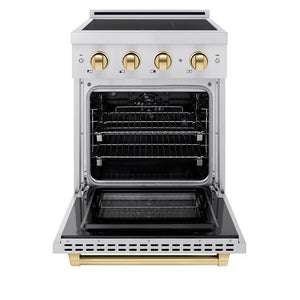 ZLINE Autograph Edition 24 in. 3.2 cu. ft. Paramount Induction Range with 3 Element Cooktop and Electric Convection Oven in Stainless Steel with Polished Gold Accents (SINRZ-24-G) front, oven open.