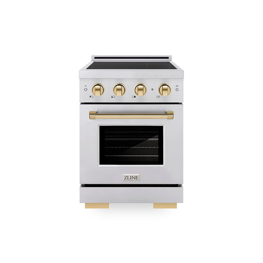 ZLINE Autograph Edition 24 in. 3.2 cu. ft. Paramount Induction Range with 3 Element Cooktop and Electric Convection Oven in Stainless Steel with Polished Gold Accents (SINRZ-24-G)