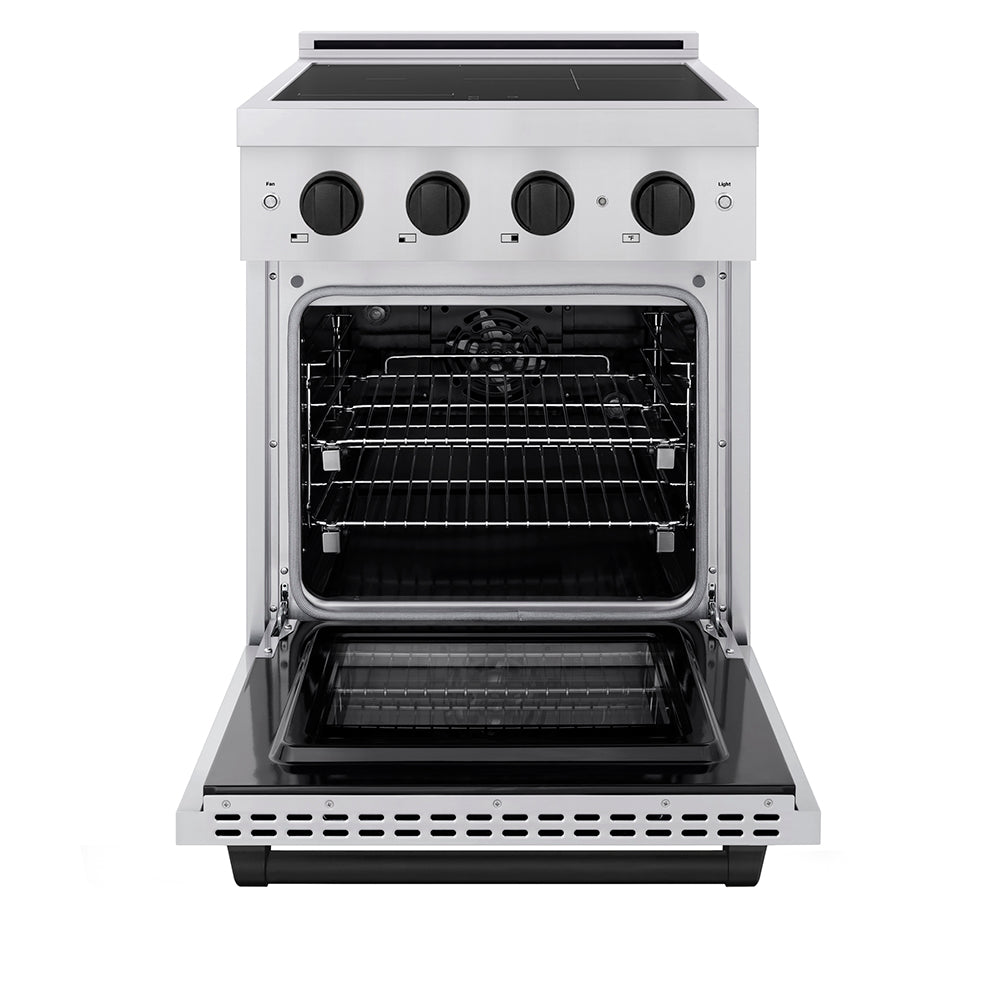 ZLINE Autograph Edition 24 in. 3.2 cu. ft. Paramount Induction Range with 3 Element Cooktop and Electric Convection Oven in Stainless Steel with Matte Black Accents (SINRZ-24-MB) front, oven open.