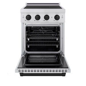 ZLINE Autograph Edition 24 in. 3.2 cu. ft. Paramount Induction Range with 3 Element Cooktop and Electric Convection Oven in Stainless Steel with Matte Black Accents (SINRZ-24-MB) front, oven open.
