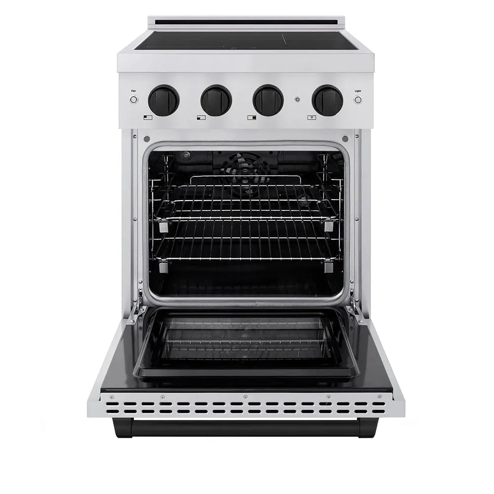 ZLINE Autograph Edition 24 in. 3.2 cu. ft. Paramount Induction Range with 3 Element Cooktop and Electric Convection Oven in Stainless Steel with Matte Black Accents (SINRZ-24-MB) front, oven open.