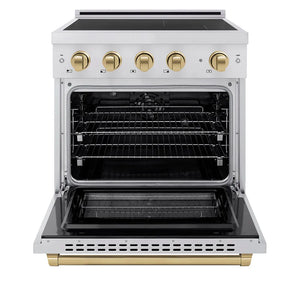 ZLINE Autograph Edition 30 in. 4.2 cu. ft. Paramount Induction Range with 4 Element Cooktop and Electric Convection Oven in Stainless Steel with Champagne Bronze Accents (SINRZ-30-CB) front, oven open.