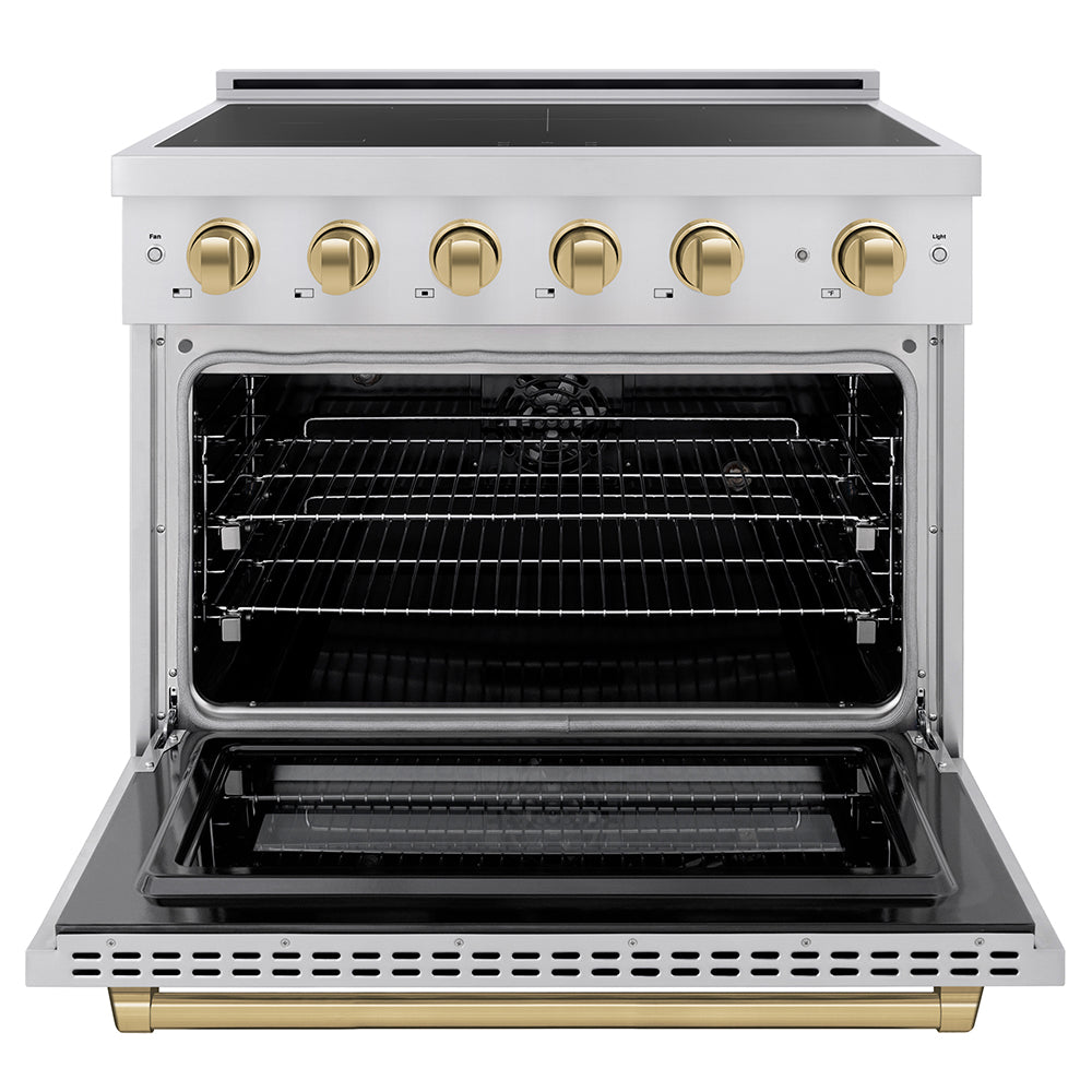ZLINE Autograph Edition 36 in. 5.2 cu. ft. Paramount Induction Range with 5 Element Cooktop and Electric Convection Oven in Stainless Steel with Champagne Bronze Accents (SINRZ-36-CB) front, oven open.