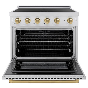ZLINE Autograph Edition 36 in. 5.2 cu. ft. Paramount Induction Range with 5 Element Cooktop and Electric Convection Oven in Stainless Steel with Champagne Bronze Accents (SINRZ-36-CB) front, oven open.