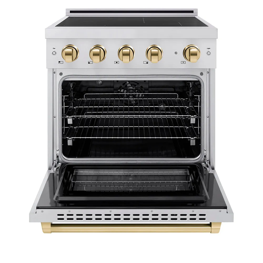 ZLINE Autograph Edition 30 in. 4.2 cu. ft. Paramount Induction Range with 4 Element Cooktop and Electric Convection Oven in Stainless Steel with Polished Gold Accents (SINRZ-30-G) front, oven open.