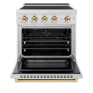 ZLINE Autograph Edition 30 in. 4.2 cu. ft. Paramount Induction Range with 4 Element Cooktop and Electric Convection Oven in Stainless Steel with Polished Gold Accents (SINRZ-30-G) front, oven open.