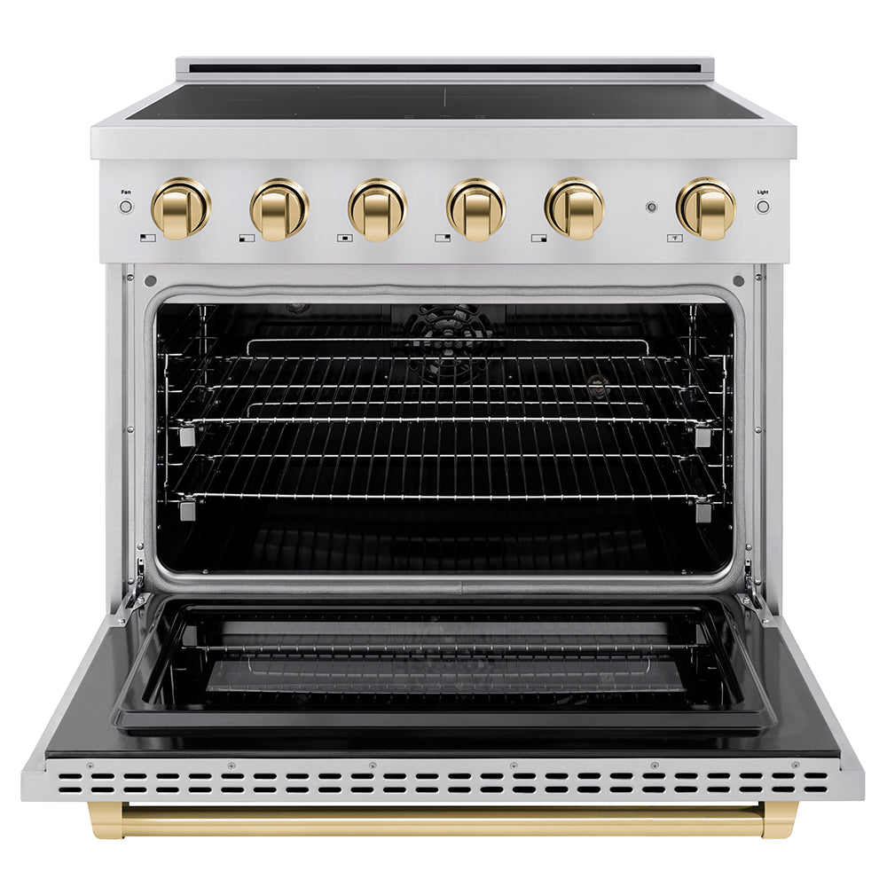 ZLINE Autograph Edition 36 in. 5.2 cu. ft. Paramount Induction Range with 5 Element Cooktop and Electric Convection Oven in Stainless Steel with Polished Gold Accents (SINRZ-36-G) front, oven open.