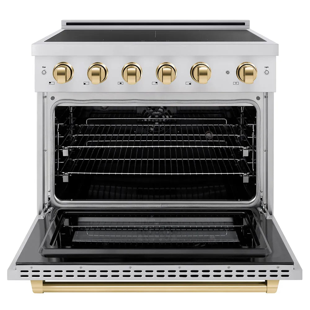 ZLINE Autograph Edition 36 in. 5.2 cu. ft. Paramount Induction Range with 5 Element Cooktop and Electric Convection Oven in Stainless Steel with Polished Gold Accents (SINRZ-36-G) front, oven open.