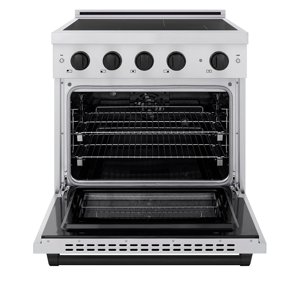 ZLINE Autograph Edition 30 in. 4.2 cu. ft. Paramount Induction Range with 4 Element Cooktop and Electric Convection Oven in Stainless Steel with Matte Black Accents (SINRZ-30-MB) front, oven open.