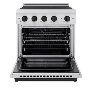 ZLINE Autograph Edition 30 in. 4.2 cu. ft. Paramount Induction Range with 4 Element Cooktop and Electric Convection Oven in Stainless Steel with Matte Black Accents (SINRZ-30-MB) front, oven open.
