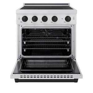 ZLINE Autograph Edition 30 in. 4.2 cu. ft. Paramount Induction Range with 4 Element Cooktop and Electric Convection Oven in Stainless Steel with Matte Black Accents (SINRZ-30-MB) front, oven open.
