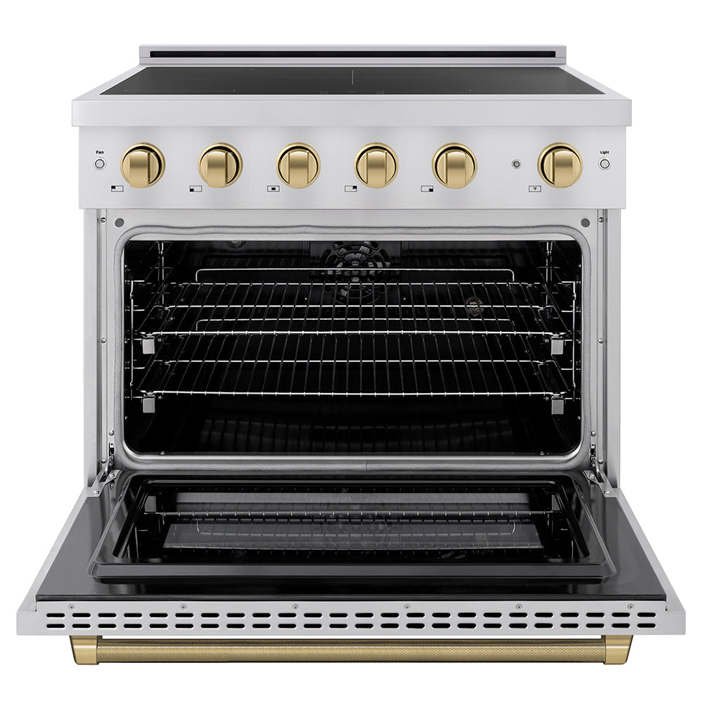 ZLINE Autograph Edition 36 in. 5.2 cu. ft. Paramount Induction Range with 5 Element Cooktop and Electric Convection Oven in Stainless Steel with Champagne Bronze Helix Handle and Knob Accents (SINRZ-36-KCB) front, oven open.