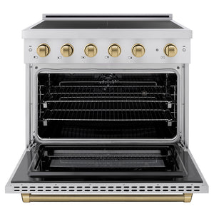ZLINE Autograph Edition 36 in. 5.2 cu. ft. Paramount Induction Range with 5 Element Cooktop and Electric Convection Oven in Stainless Steel with Champagne Bronze Helix Handle and Knob Accents (SINRZ-36-KCB) front, oven open.