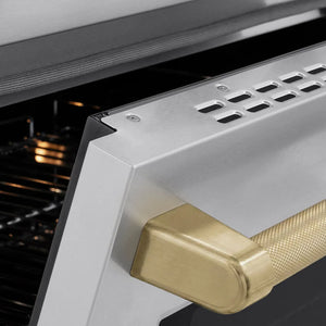ZLINE Autograph Edition 36 in. 5.2 cu. ft. Paramount Induction Range with 5 Element Cooktop and Electric Convection Oven in Stainless Steel with Champagne Bronze Helix Handle and Knob Accents (SINRZ-36-KCB) close-up, oven slightly open, showing oven door handle.