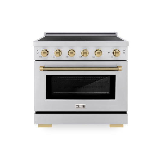 ZLINE Autograph Edition 36 in. 5.2 cu. ft. Paramount Induction Range with 5 Element Cooktop and Electric Convection Oven in Stainless Steel with Champagne Bronze Helix Handle and Knob Accents (SINRZ-36-KCB)
