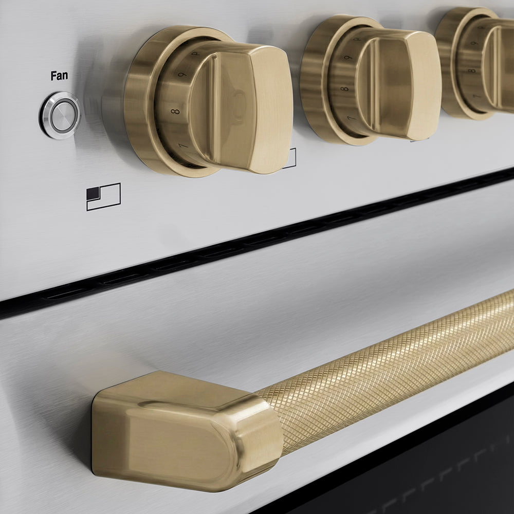 ZLINE Autograph Edition 36 in. 5.2 cu. ft. Paramount Induction Range with 5 Element Cooktop and Electric Convection Oven in Stainless Steel with Champagne Bronze Helix Handle and Knob Accents (SINRZ-36-KCB) close-up, cooktop and oven knobs.