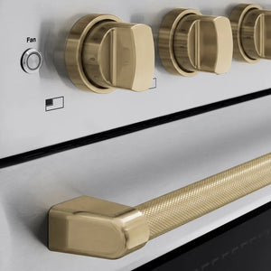 ZLINE Autograph Edition 36 in. 5.2 cu. ft. Paramount Induction Range with 5 Element Cooktop and Electric Convection Oven in Stainless Steel with Champagne Bronze Helix Handle and Knob Accents (SINRZ-36-KCB) close-up, cooktop and oven knobs.
