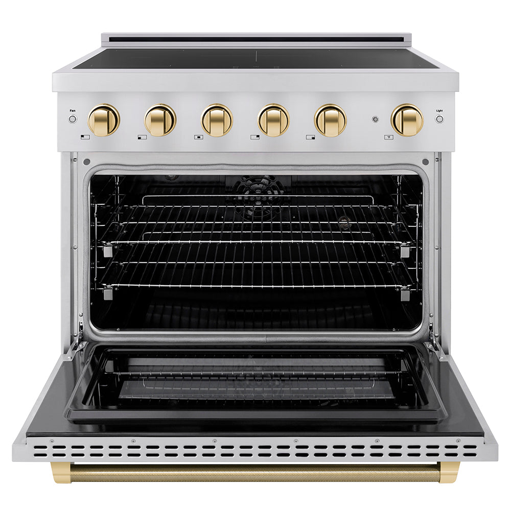 ZLINE Autograph Edition 36 in. 5.2 cu. ft. Paramount Induction Range with 5 Element Cooktop and Electric Convection Oven in Stainless Steel with Polished Gold Helix Handle and Knob Accents (SINRZ-36-KG) front, oven open.