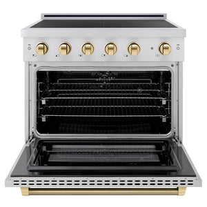 ZLINE Autograph Edition 36 in. 5.2 cu. ft. Paramount Induction Range with 5 Element Cooktop and Electric Convection Oven in Stainless Steel with Polished Gold Helix Handle and Knob Accents (SINRZ-36-KG) front, oven open.