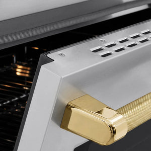ZLINE Autograph Edition 36 in. 5.2 cu. ft. Paramount Induction Range with 5 Element Cooktop and Electric Convection Oven in Stainless Steel with Polished Gold Helix Handle and Knob Accents (SINRZ-36-KG) close-up, oven slightly open, showing oven door handle.