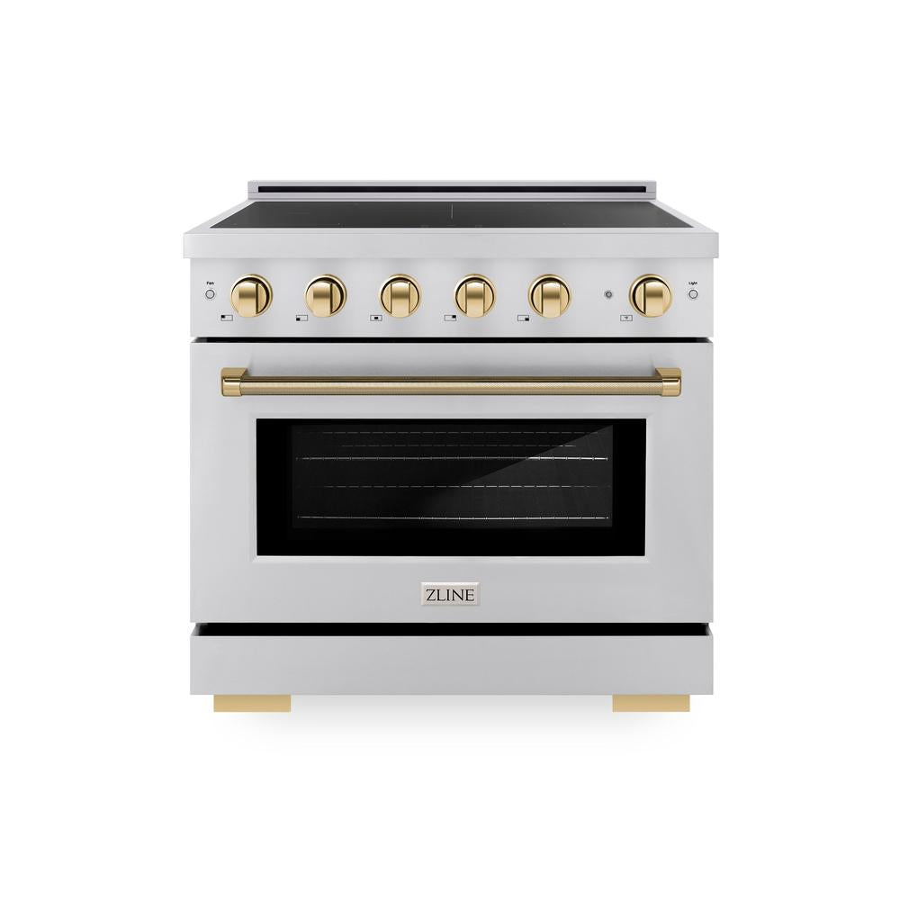 ZLINE Autograph Edition 36 in. 5.2 cu. ft. Paramount Induction Range with 5 Element Cooktop and Electric Convection Oven in Stainless Steel with Polished Gold Helix Handle and Knob Accents (SINRZ-36-KG)