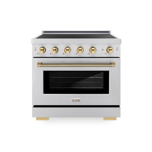 ZLINE Autograph Edition 36 in. 5.2 cu. ft. Paramount Induction Range with 5 Element Cooktop and Electric Convection Oven in Stainless Steel with Polished Gold Helix Handle and Knob Accents (SINRZ-36-KG)