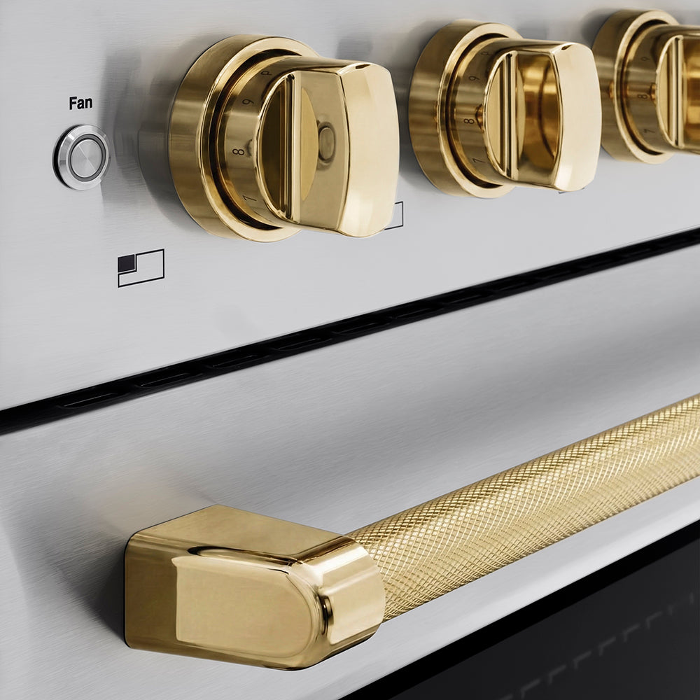 ZLINE Autograph Edition 36 in. 5.2 cu. ft. Paramount Induction Range with 5 Element Cooktop and Electric Convection Oven in Stainless Steel with Polished Gold Helix Handle and Knob Accents (SINRZ-36-KG) close-up, cooktop and oven knobs.