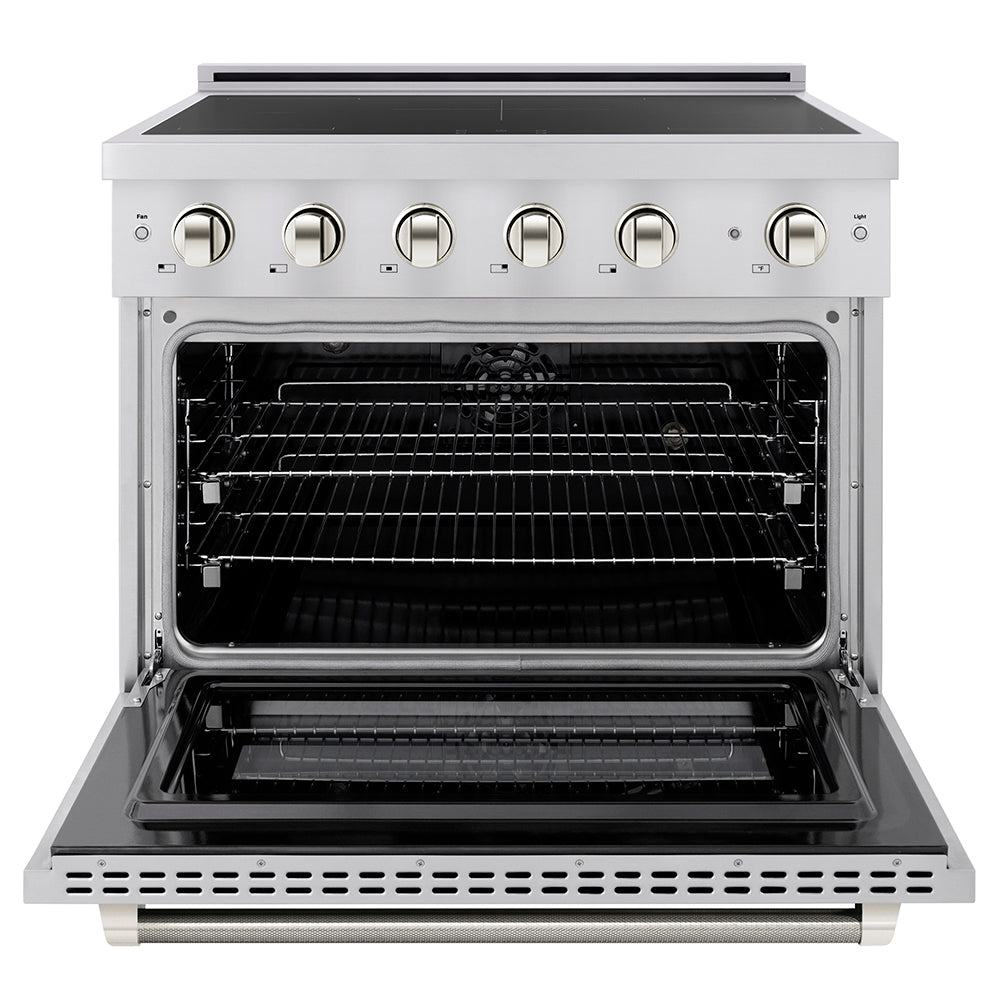 ZLINE Autograph Edition 36 in. 5.2 cu. ft. Paramount Induction Range with 5 Element Cooktop and Electric Convection Oven in Stainless Steel with Polished Nickel Helix Handle and Knob Accents (SINRZ-36-KPN) front, oven open.