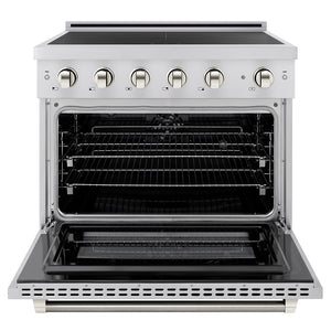ZLINE Autograph Edition 36 in. 5.2 cu. ft. Paramount Induction Range with 5 Element Cooktop and Electric Convection Oven in Stainless Steel with Polished Nickel Helix Handle and Knob Accents (SINRZ-36-KPN) front, oven open.