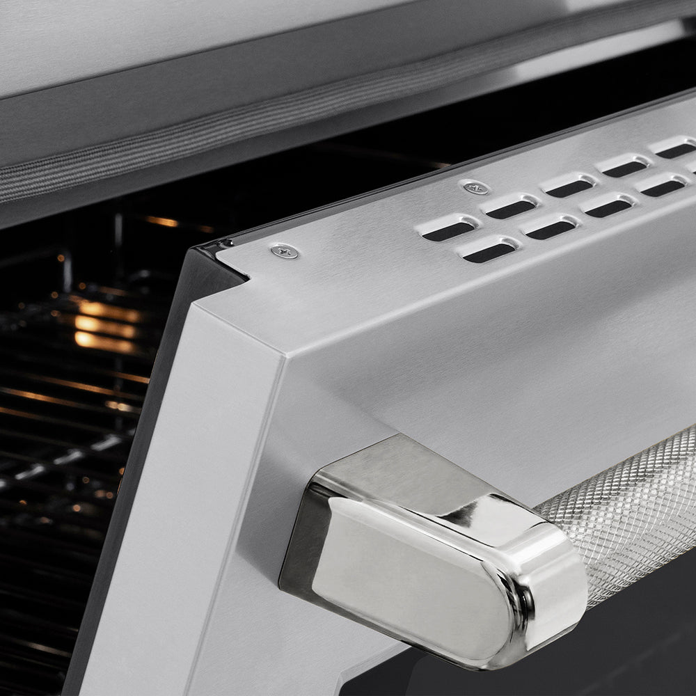 ZLINE Autograph Edition 36 in. 5.2 cu. ft. Paramount Induction Range with 5 Element Cooktop and Electric Convection Oven in Stainless Steel with Polished Nickel Helix Handle and Knob Accents (SINRZ-36-KPN) close-up, oven slightly open, showing oven door handle.