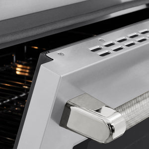 ZLINE Autograph Edition 36 in. 5.2 cu. ft. Paramount Induction Range with 5 Element Cooktop and Electric Convection Oven in Stainless Steel with Polished Nickel Helix Handle and Knob Accents (SINRZ-36-KPN) close-up, oven slightly open, showing oven door handle.