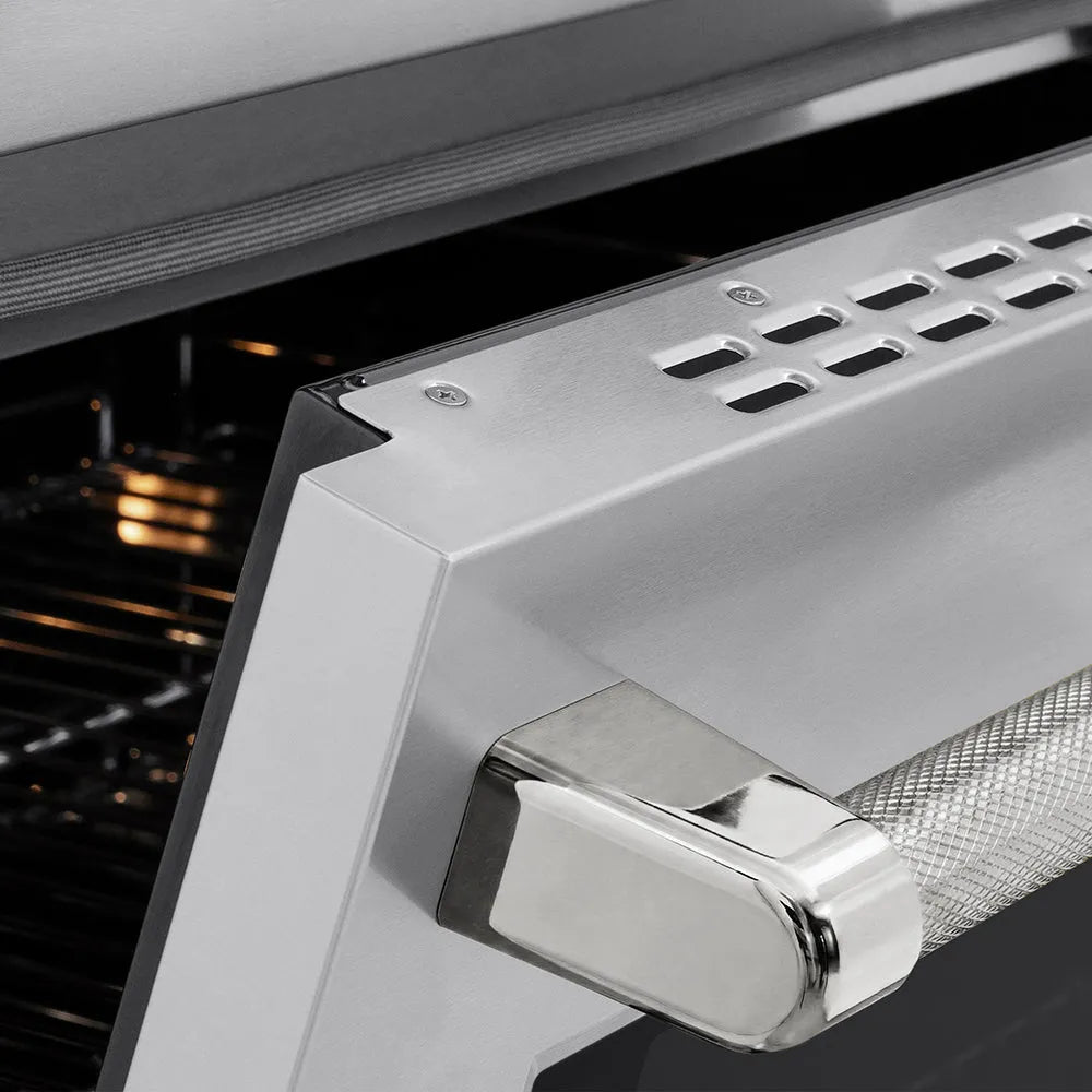 ZLINE Autograph Edition 36 in. 5.2 cu. ft. Paramount Induction Range with 5 Element Cooktop and Electric Convection Oven in Stainless Steel with Polished Nickel Helix Handle and Knob Accents (SINRZ-36-KPN) close-up, oven slightly open, showing oven door handle.