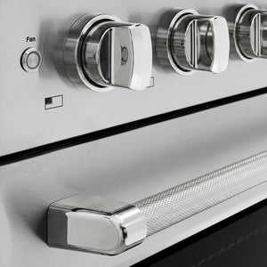 ZLINE Autograph Edition 36 in. 5.2 cu. ft. Paramount Induction Range with 5 Element Cooktop and Electric Convection Oven in Stainless Steel with Polished Nickel Helix Handle and Knob Accents (SINRZ-36-KPN) close-up, cooktop and oven knobs.