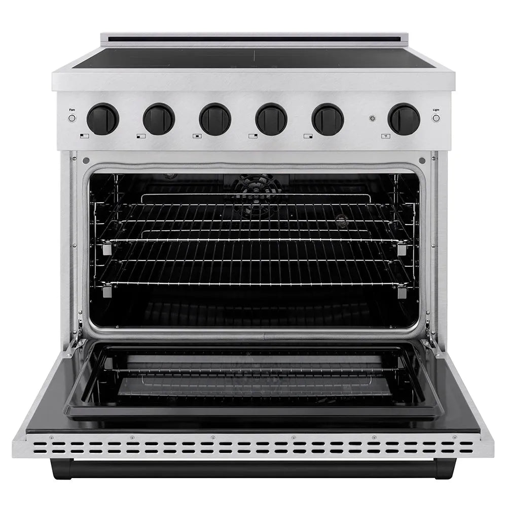 ZLINE Autograph Edition 36 in. 5.2 cu. ft. Paramount Induction Range with 5 Element Cooktop and Electric Convection Oven in Stainless Steel with Matte Black Accents (SINRZ-36-MB) front, oven open.