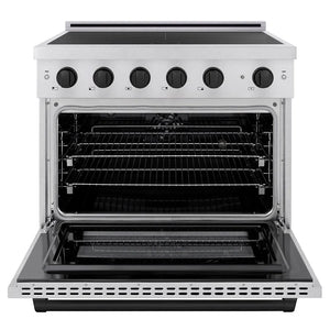 ZLINE Autograph Edition 36 in. 5.2 cu. ft. Paramount Induction Range with 5 Element Cooktop and Electric Convection Oven in Stainless Steel with Matte Black Accents (SINRZ-36-MB) front, oven open.